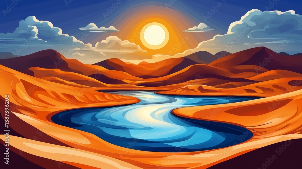 Desert landscape with oases and bright sun