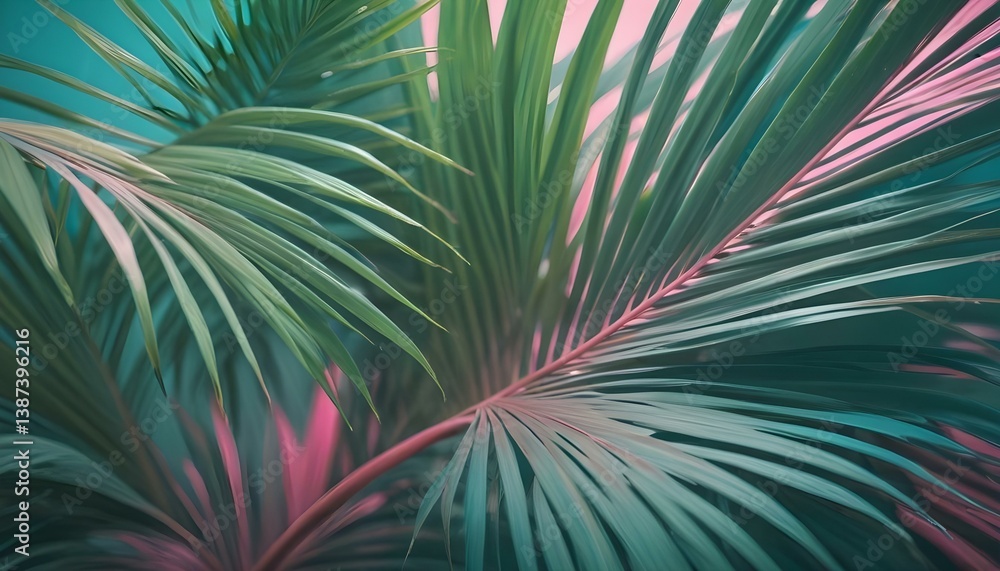 Obraz premium Close-up shot of palm leaves with a vibrant green color, set against a blurred background of teal and hints of pink
