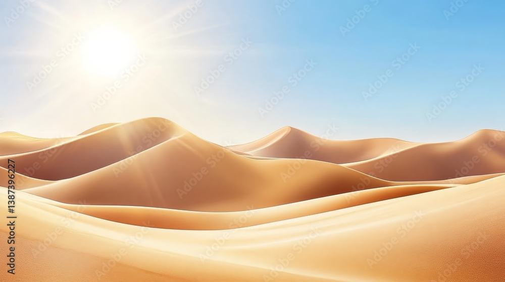 Desert landscape with oases and bright sun