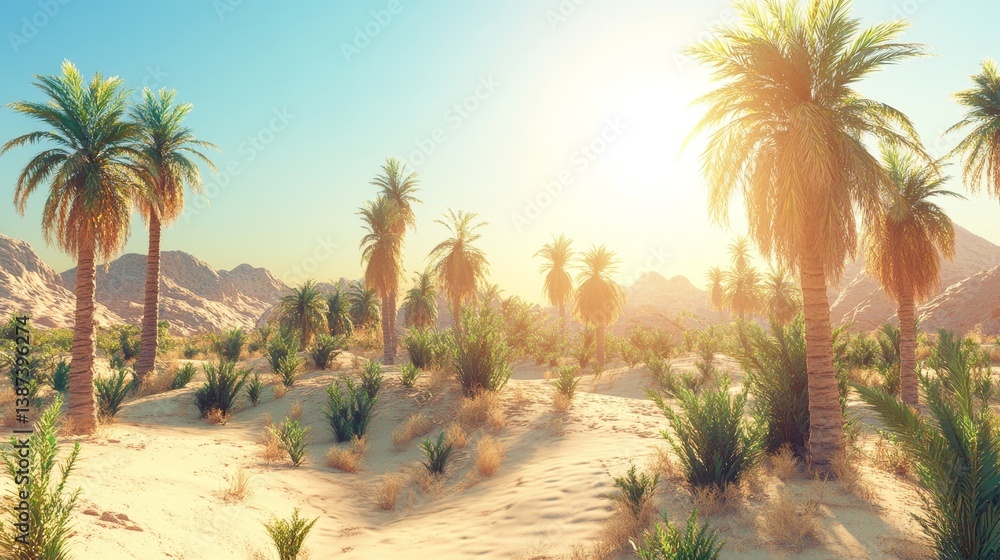 Desert landscape with oases and bright sun