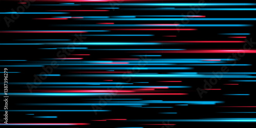 Speed light background. Color neon spark rays on black. Futuristic shiny pattern with bright red and blue flares on dark. Modern technology vector illustration.