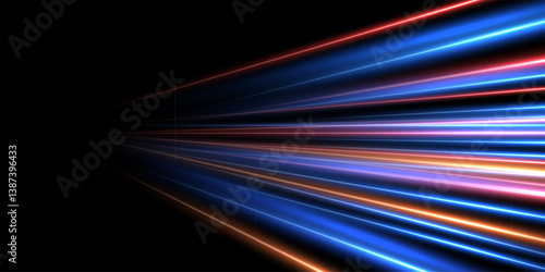 Speed light background. Color neon spark rays on black. Futuristic shiny pattern with bright red and blue flares on dark. Modern technology vector illustration.