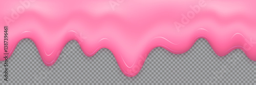 Pink strawberry cream dripping isolated on transparent background. Sweet dessert topping design. Realistic seamless vector illustration for bakery, ice cream, candy themes.