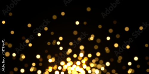 Gold light background with bokeh effect. Golden glittering lights on black background. Festive holiday shiny luxury backdrop. Abstract horizontal vector illustration.