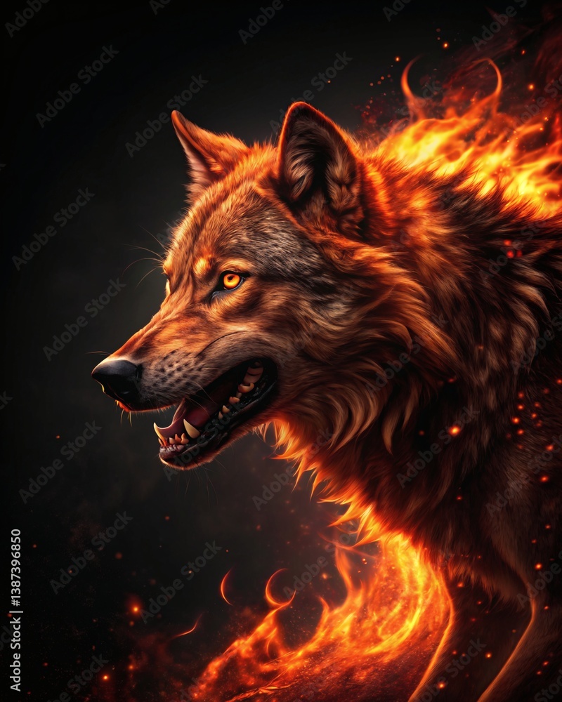 Fototapeta premium Fiery wolf in captivating dark backdrop, symbolizing power and intensity.