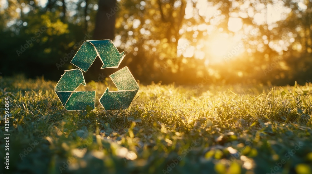 Green triangle recycling 3d sign on grass illuminated by sun