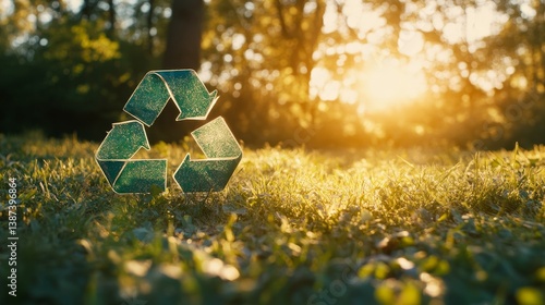 Obraz na płótnie Green triangle recycling 3d sign on grass illuminated by sun w salonie