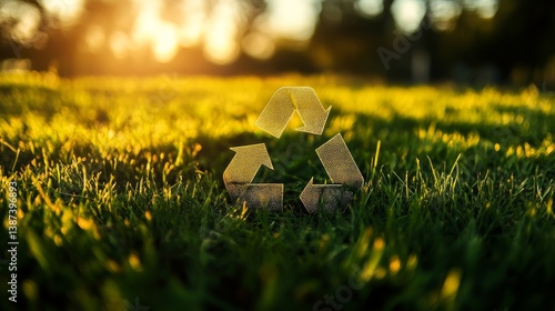Green triangle recycling 3d sign on grass illuminated by sun