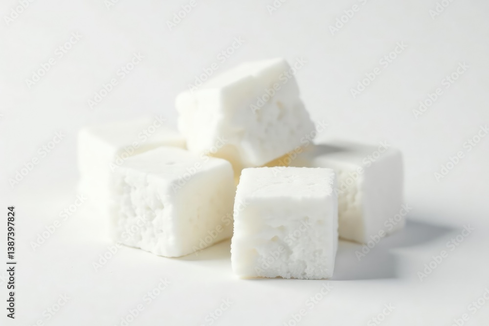 Lumps of refined white sugar against white backdrop, shiny, cane sugar Lumps of refined white sugar against white backdrop, shiny, cane sugar