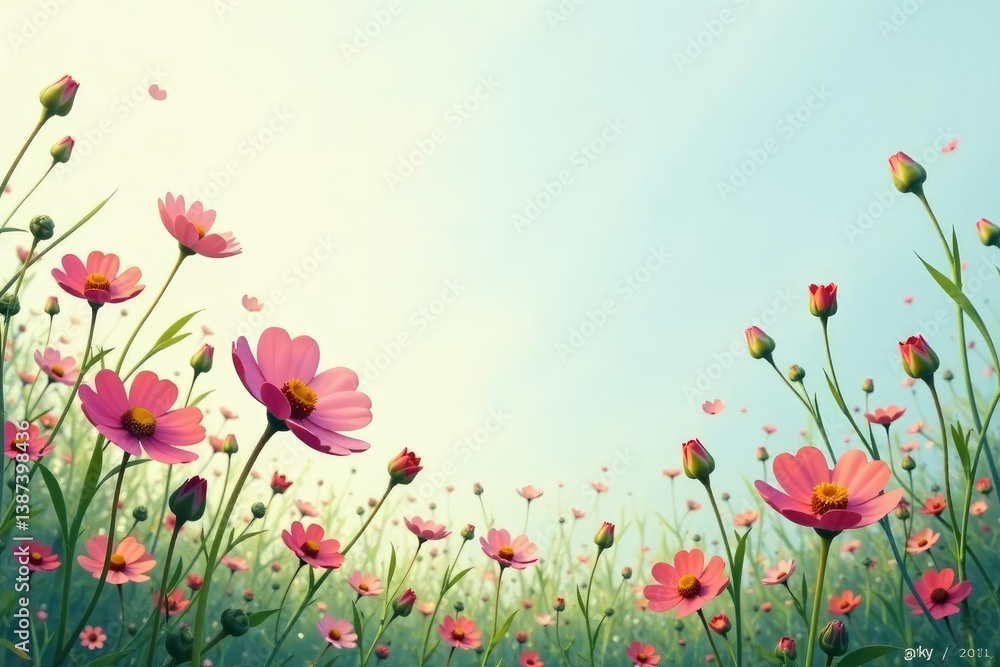 Obraz premium Scattered wildflowers, delicate lines, light color palette, blossom, wallpaper, simple