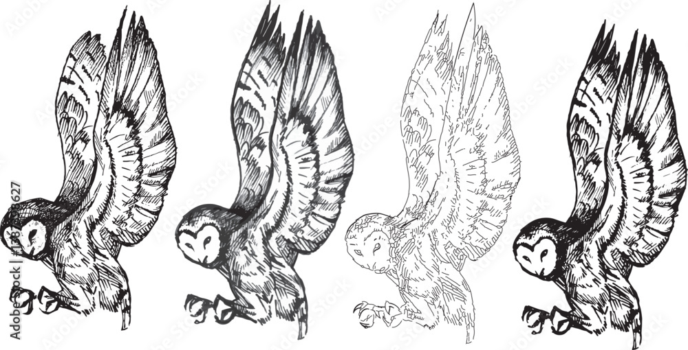Obraz premium Set line drawings halloween clipart flying owl bird graphic black white contour sketch pen engraving style. Element for product design, print. Dark ink detailed cartoon style animal profile view 