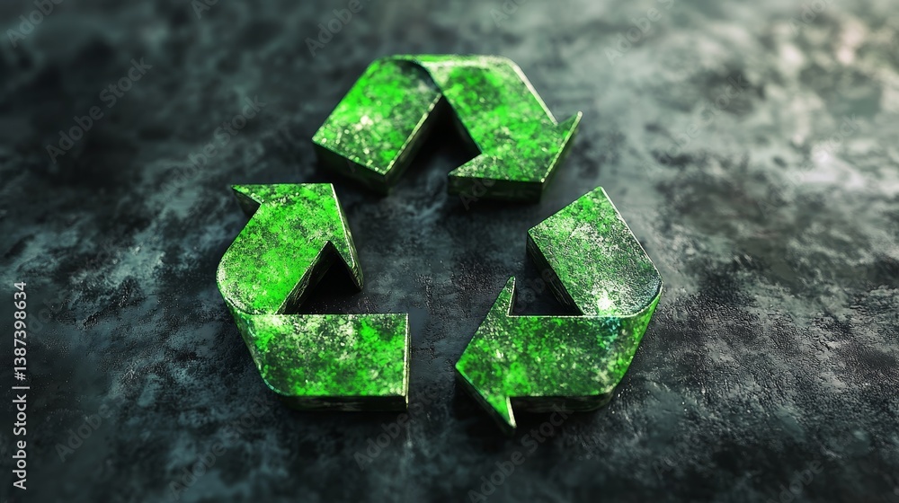 Green triangle recycling 3d sign on grass illuminated by sun