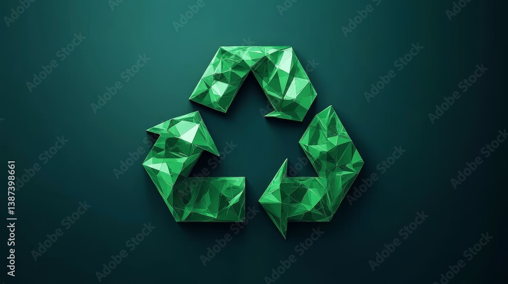 Green triangle recycling 3d sign on grass illuminated by sun