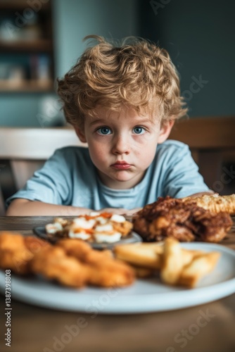 Obraz na płótnie the child sits over a plate of unhealthy food and doesn't want to eat it w salonie