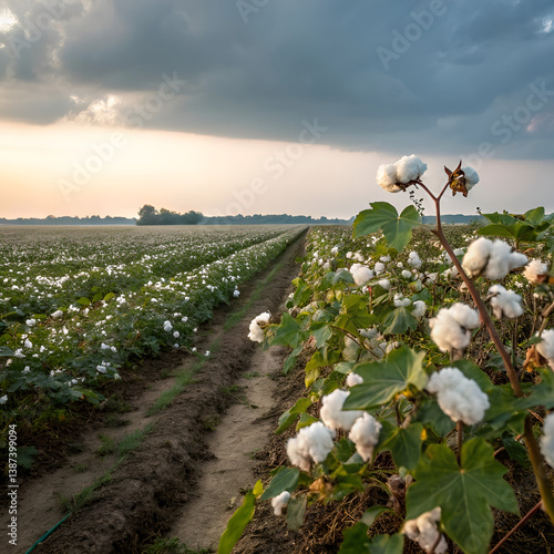 A scenic rural landscape with fields of cotton in the Netherlands, showcasing summer greenery, crops, and vibrant nature under a clear blue sky