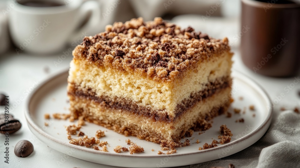 A rich coffee cake with a crumbly topping. Featuring indulgence and sweetness