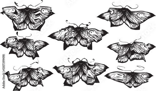 Set Witch item Halloween Clip art Line drawing outline gothic moth dark butterfly contour Black and white drawing butterfly glitch effect design hand drawn illustration dripping effect y2k bug Insect 