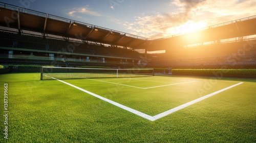 Sunset view of empty tennis court in stadium.