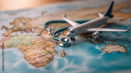 Airplane model, stethoscope, world map.  Travel health concept