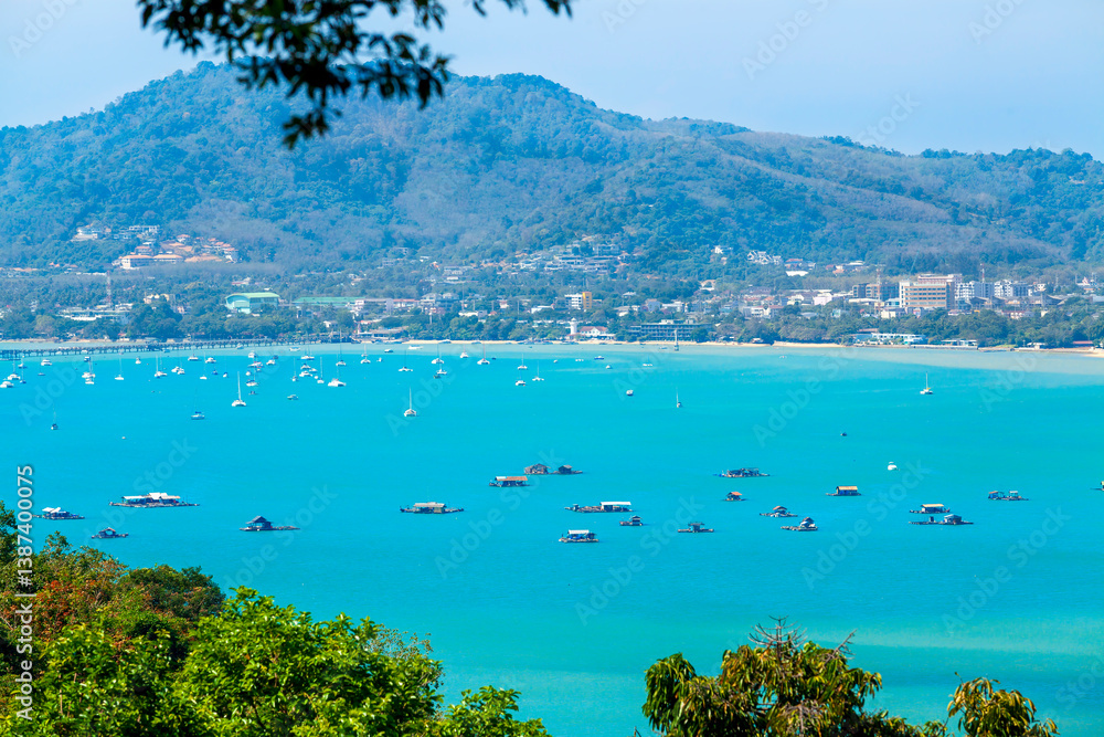 Scenic view of Khao Khad Bay, Panwa Cape from the vewpoint in Phuket Thailand. Beautiful view from the mountain to the beaches of Phuket in Thailand. Scenic tourist spots in Phuket.
