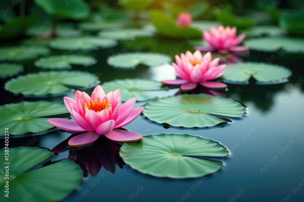 Water lilies forming a natural pattern on a still lake, bloom, beauty Water lilies forming a natural pattern on a still lake, bloom, beauty