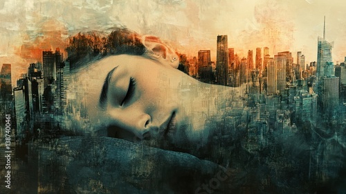 Surreal double exposure of a sleeping woman and a cityscape at sunset.