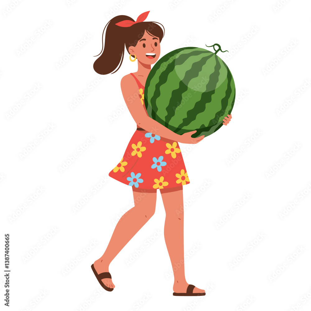 Happy girl carrying a watermelon in a floral dress  