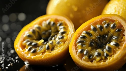 Fresh passion fruit halves closeup displaying juicy yellow flesh and dark seeds