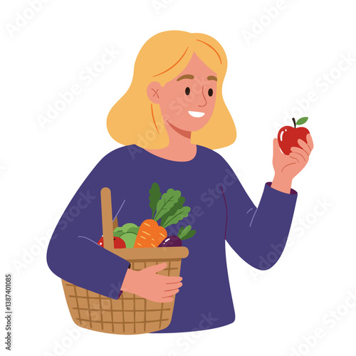 Woman holding an apple happily with a basket of vegetables  