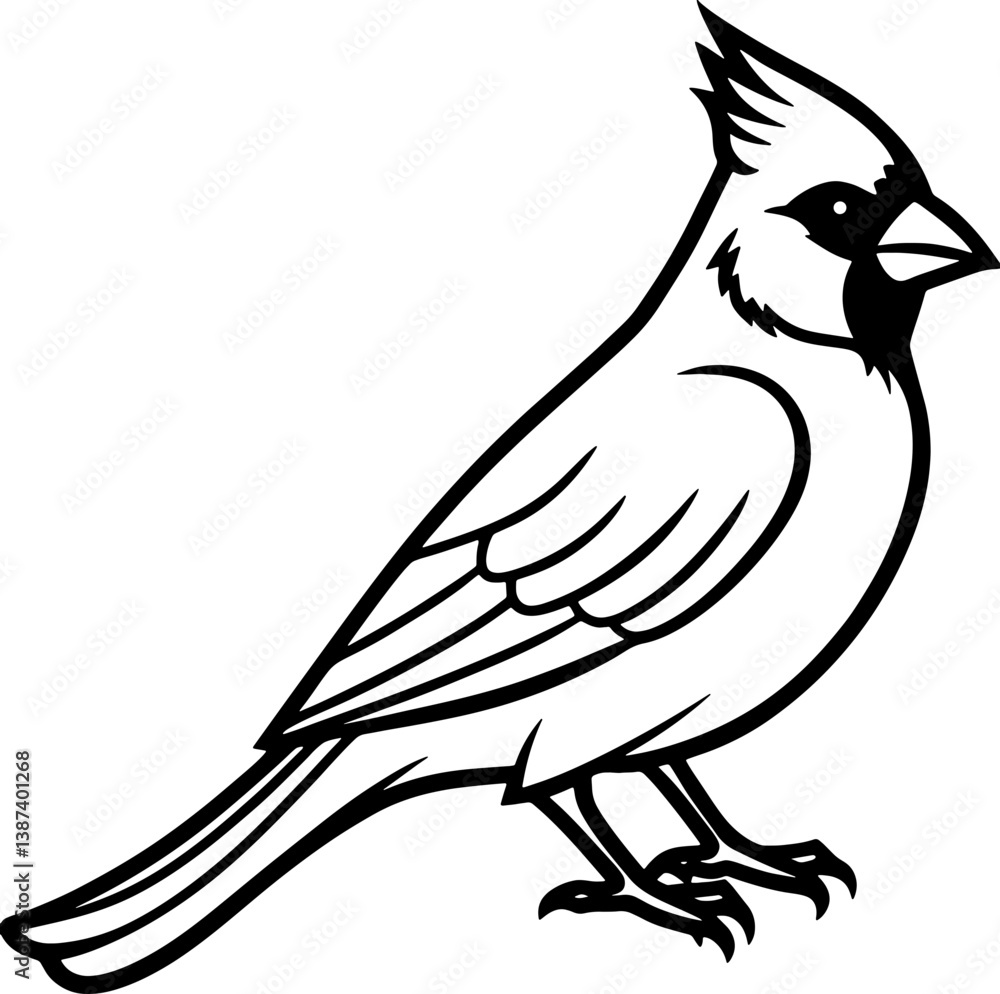 Obraz premium Cardinal bird simple black line art image, Black bold outline vector icon, Bird vector illustration