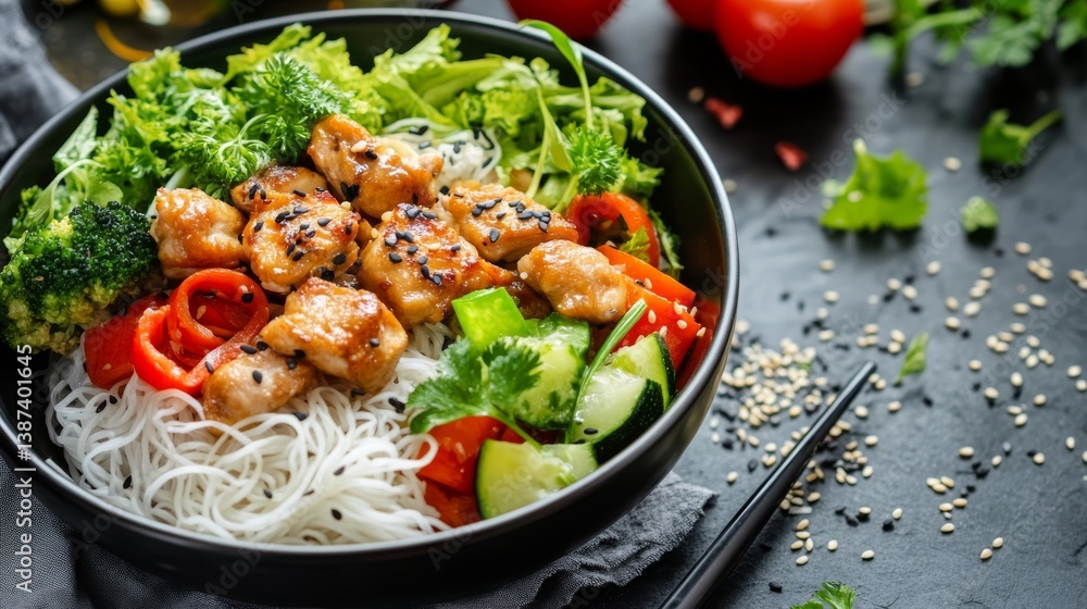 A savory chicken and vegetable stir-fry with rice noodles. Featuring health and flavor A savory chicken and vegetable stir-fry with rice noodles. Featuring health and flavor