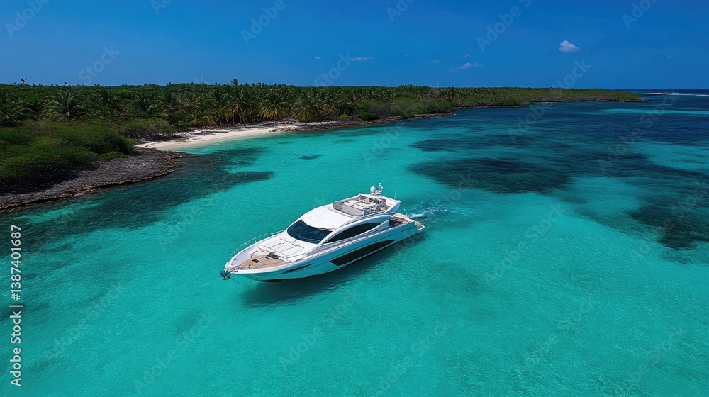 Fototapeta premium Luxurious yacht gliding through turquoise waters near a tropical island paradise