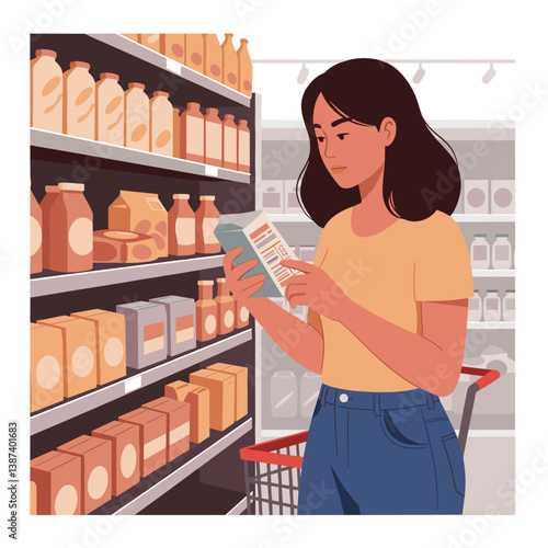 Woman shopping thoughtfully in a grocery store aisle  