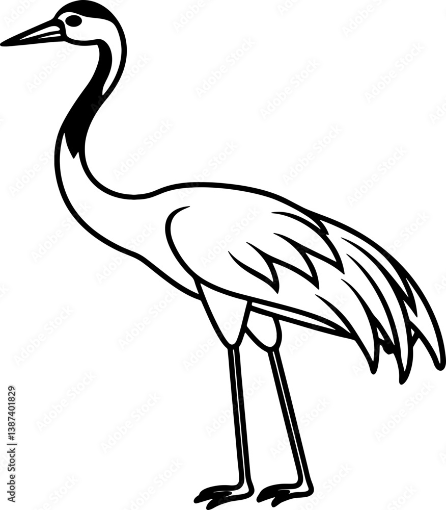 Fototapeta premium Crane bird simple black line art image, Black bold outline vector icon, Bird vector illustration