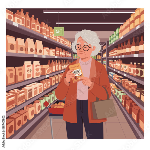 Elderly woman shopping for groceries in a supermarket aisle  