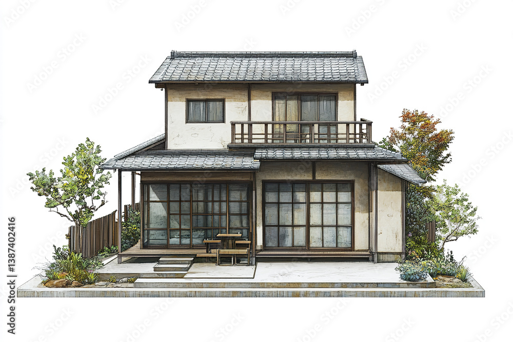 Traditional Japanese house with wooden elements and garden Traditional Japanese house with wooden elements and garden