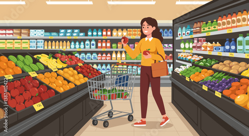 Smiling woman shopping for fruits in a grocery store  