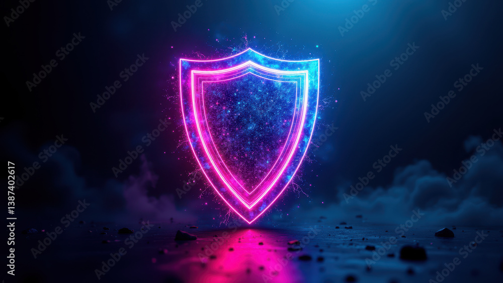 Fototapeta premium A digital shield glowing with neon lights on a cybernetic background represents protection against online threats.