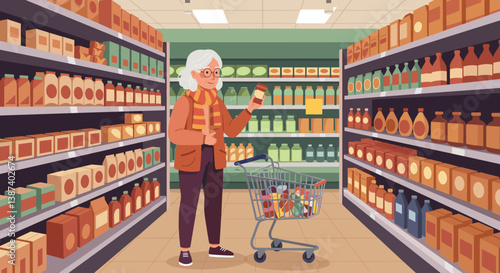 Senior woman shopping in a grocery store aisle  