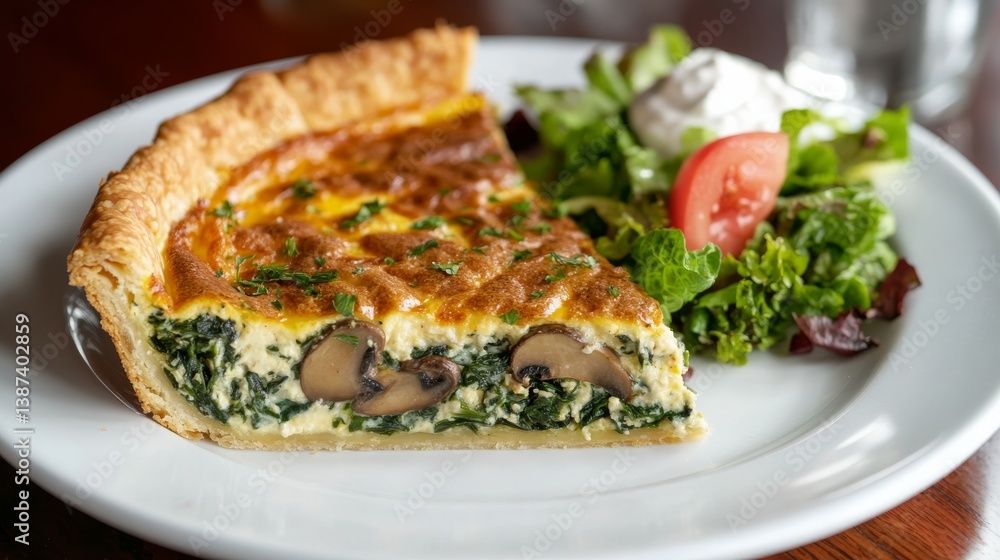 A savory quiche with spinach, cheese, and mushrooms. Featuring warmth and flavor A savory quiche with spinach, cheese, and mushrooms. Featuring warmth and flavor
