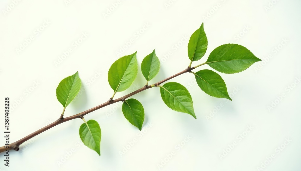 A single isolated branch with leaves in white space, tree part, leafy branches, white background A single isolated branch with leaves in white space, tree part, leafy branches, white background