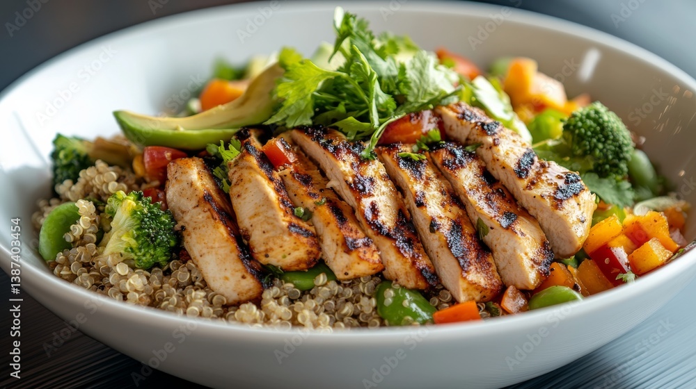 A savory quinoa bowl with grilled chicken, avocado, and mixed vegetables. Featuring balance and flavor A savory quinoa bowl with grilled chicken, avocado, and mixed vegetables. Featuring balance and flavor
