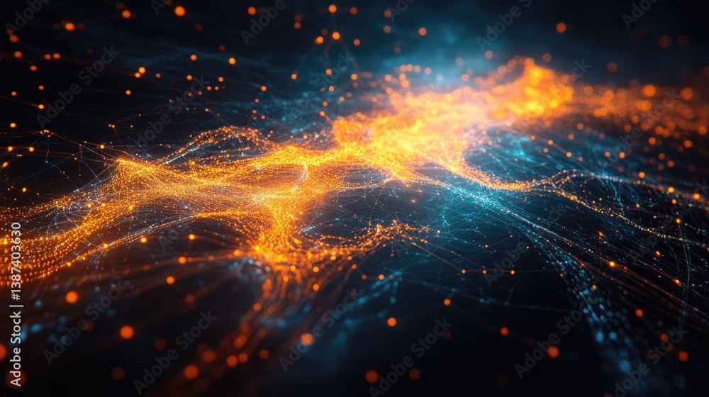 Fototapeta premium Global Connectivity Illustration: Stylized World Map with Bright Yellow Lines Connecting Orange, Yellow, and Teal Location Markers, Complemented by a Vibrant Cityscape Below