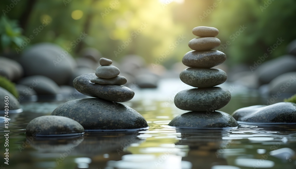 Serene stone stacks in a tranquil stream.