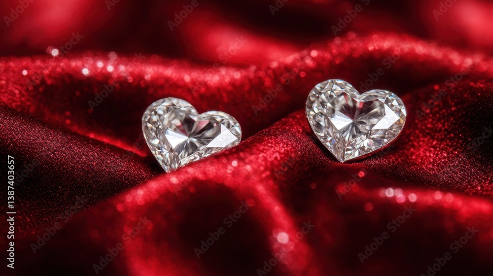 Delicate heart diamond earrings placed neatly on deep red velvet fabric, rich contrast and detailed sparkle Delicate heart diamond earrings placed neatly on deep red velvet fabric, rich contrast and detailed sparkle