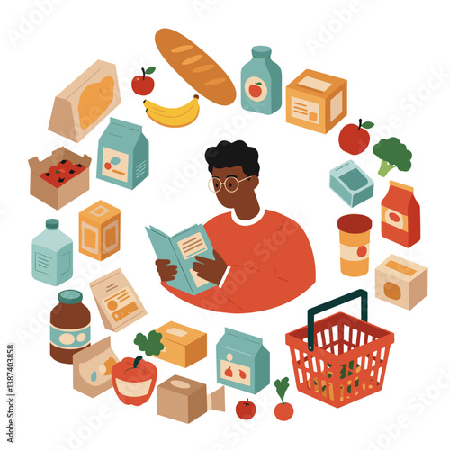 Person reading a book surrounded by grocery items in a colorful design  