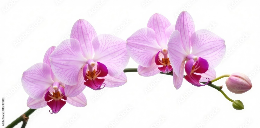 Fototapeta premium Delicate orchid blooms on a crisp white background, greenery, isolated, white