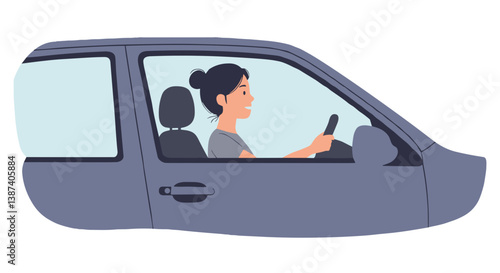 Woman Driving Car with Focused Expression  