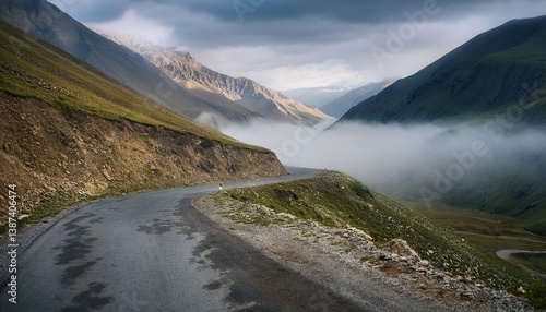 Mountain Road Curving into Fog in Spiti Valley, Himachal Pradesh, India