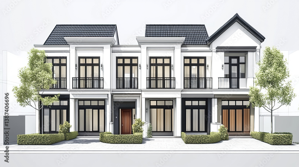 Fototapeta premium Elegant white terrace house with large windows and manicured shrubs